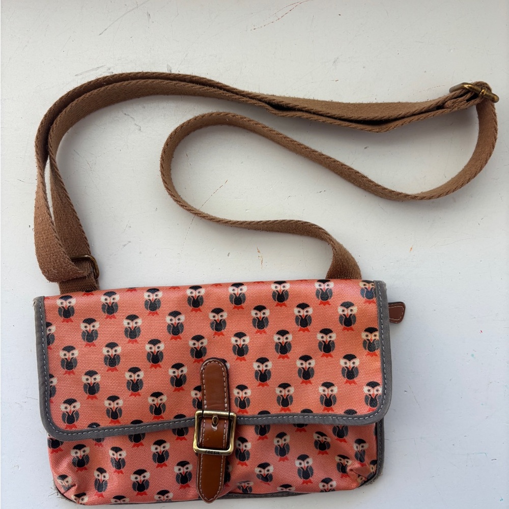 Fossil Owl Print Crossbody Bag Purse Adjustable Strap